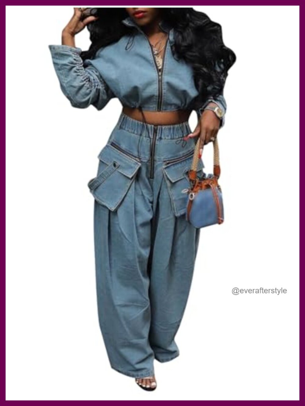 Womens 2 Piece Denim Set Zip Crop Jacket Wide Leg Pants Cotton Blend